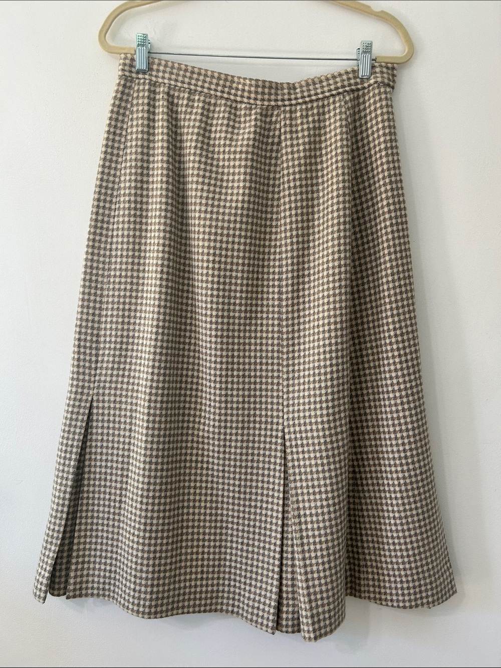 Vintage Evan Picone Houndstooth A-Line Wool Skirt Gray/Beige Pleated Preppy Long
